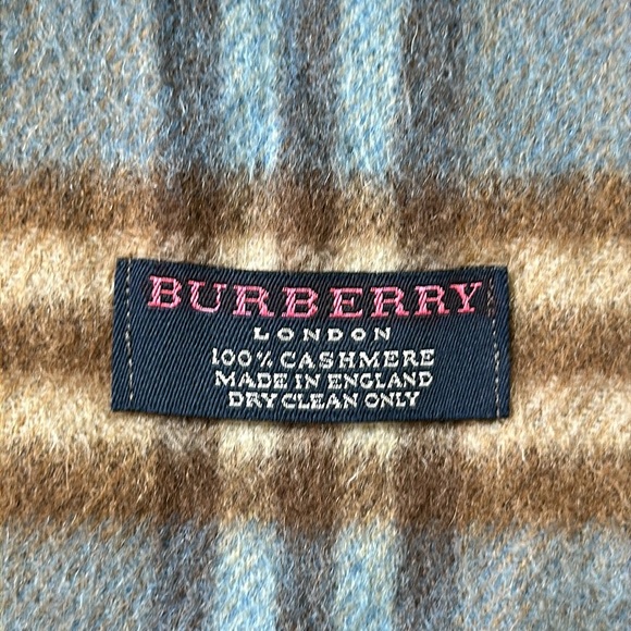 BURBERRY VINTAGE 100% CASHMERE SCARF BLUE, BEIGE, BROWN AND RED WITH FRINGE - Picture 4 of 8